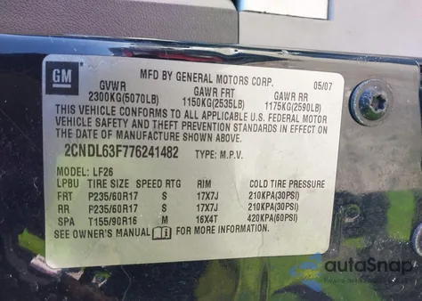 2007 Chevrolet Equinox Lt z USA, uszkodzony, nr VIN 2CNDL63F776241482